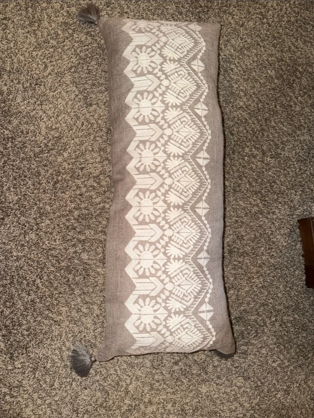 Neutral Embroidered Lumbar Pillow with Tassels